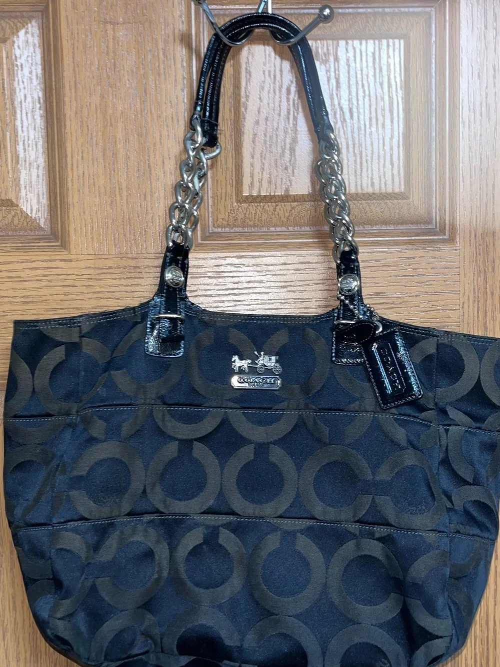 Coach Black Signature Canvas Satchel with Silver-Tone Chain Handles & Wallet